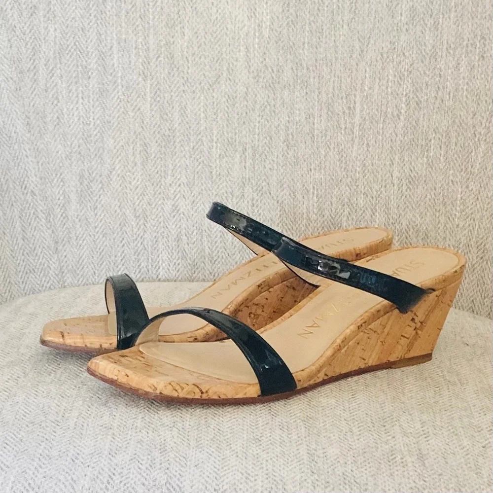 Stuart Weitzman Black Patent Leather Cork Wedge Slip on Sandals